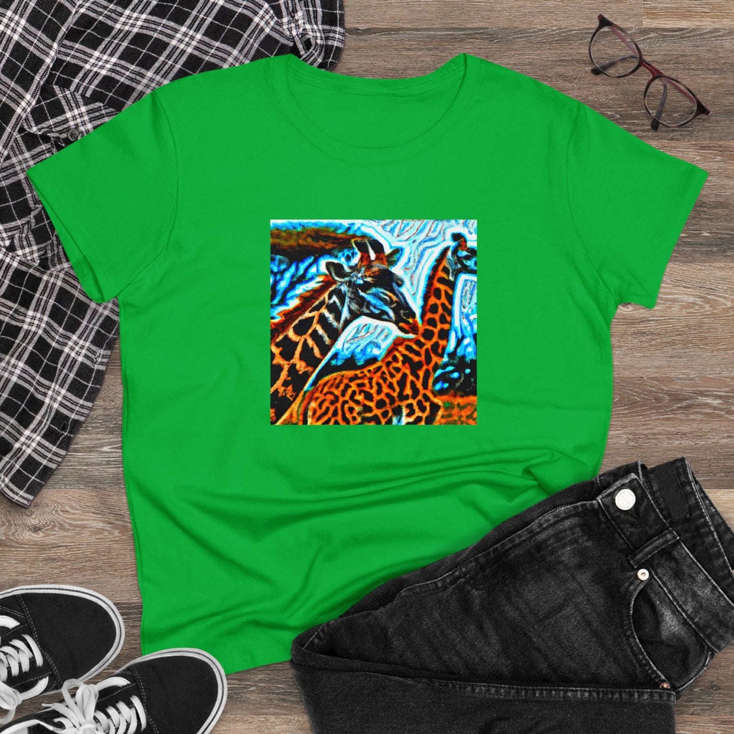 Giraffe, oil pastel, Women's Midweight Cotton Tee