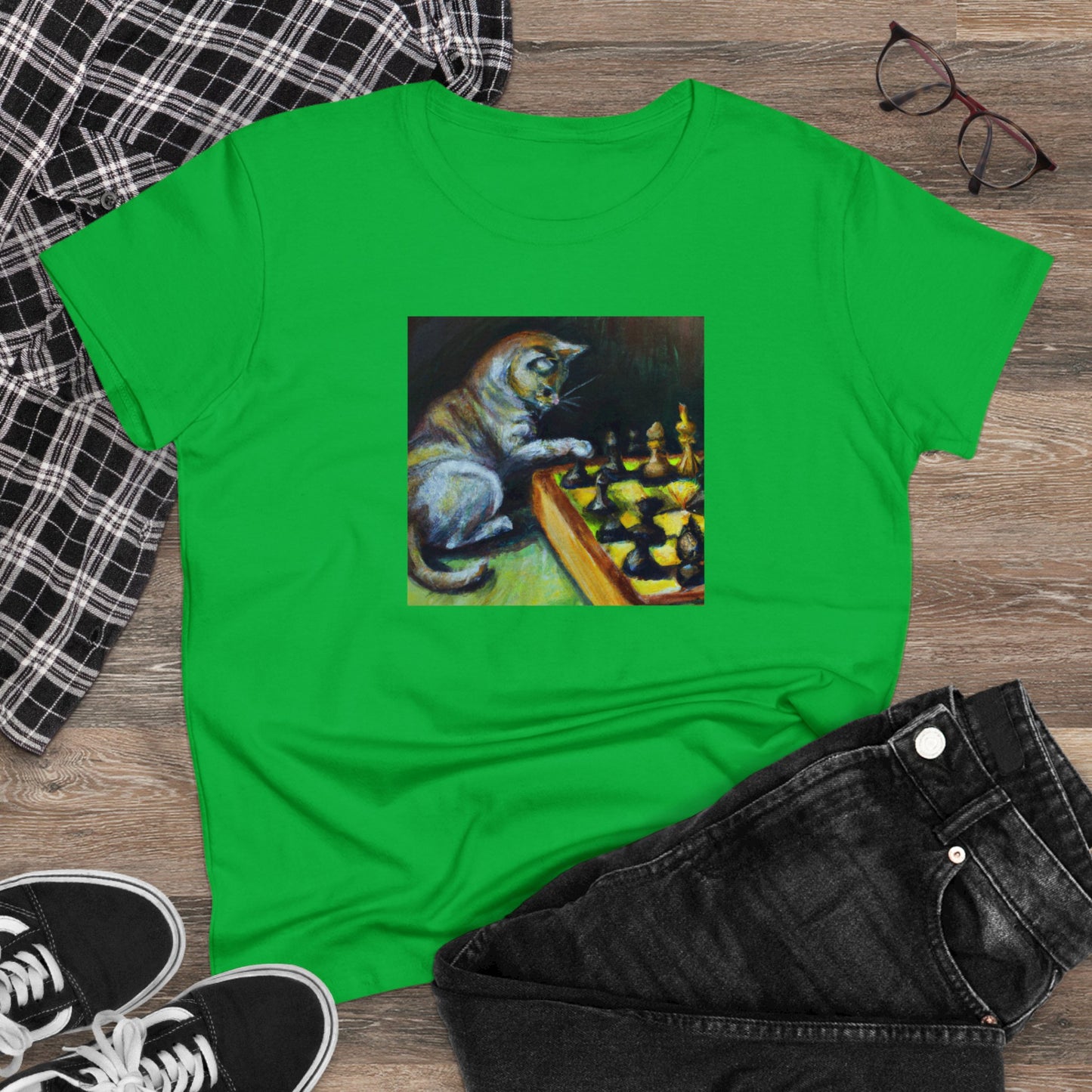 Cat playing chess, oil pastel, Women's Midweight Cotton Tee