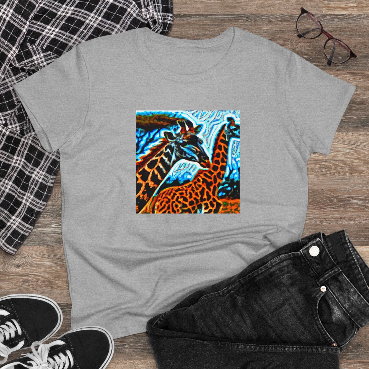 Giraffe, oil pastel, Women's Midweight Cotton Tee