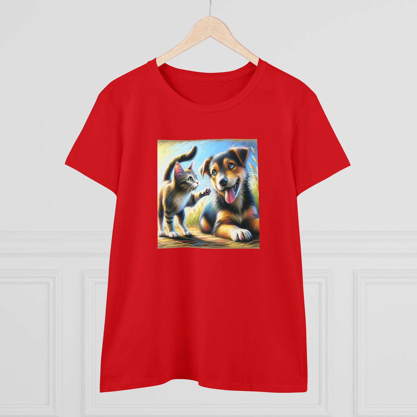 Cat playing with dog, oil pastel, Women's Midweight Cotton Tee