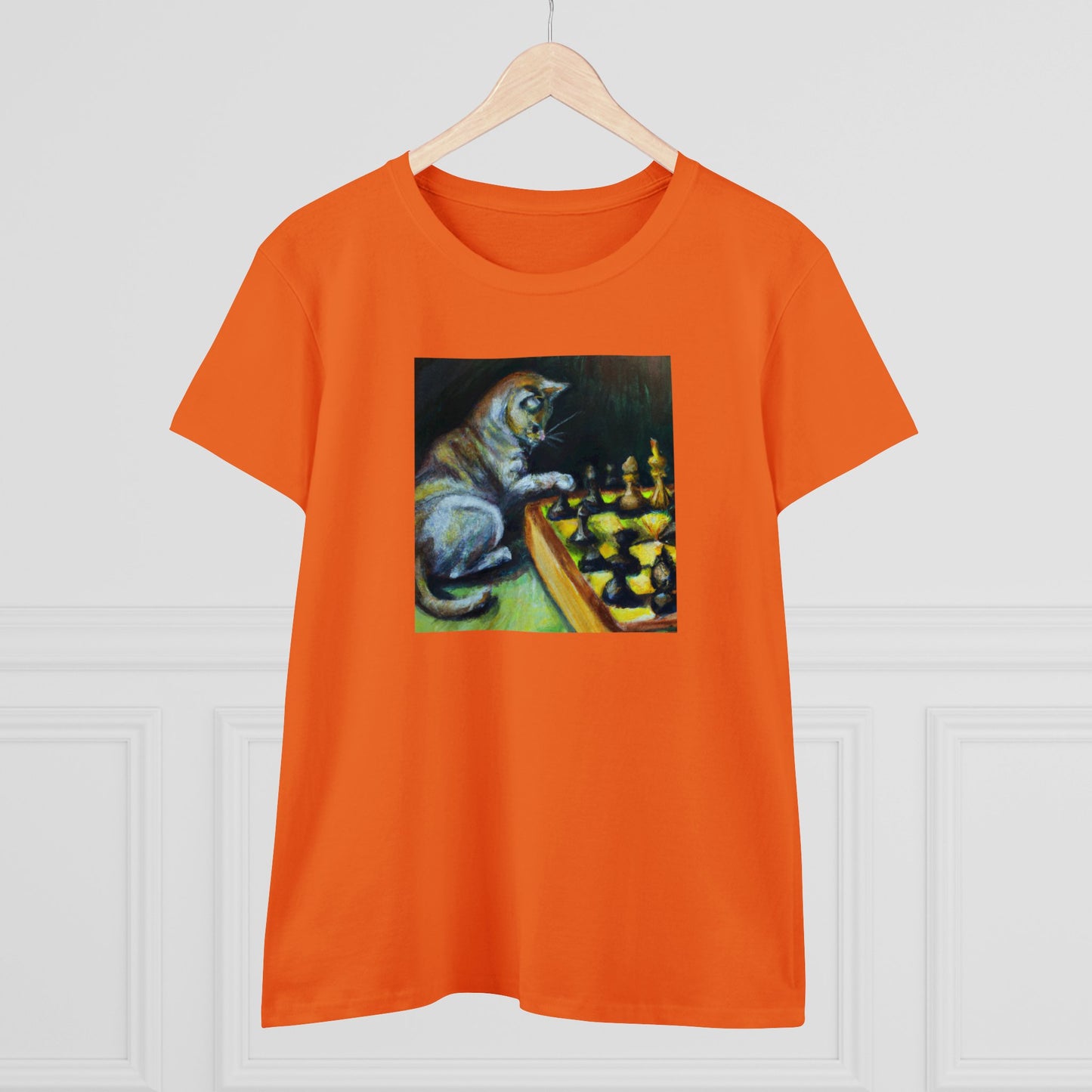 Cat playing chess, oil pastel, Women's Midweight Cotton Tee