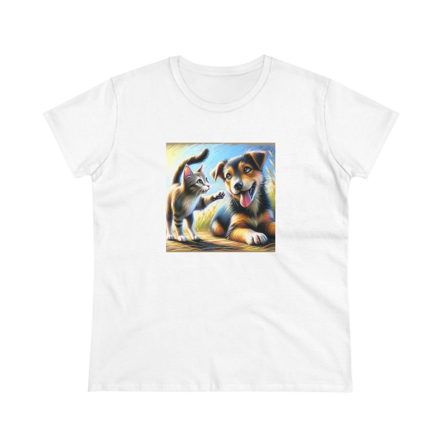 Cat playing with dog, oil pastel, Women's Midweight Cotton Tee