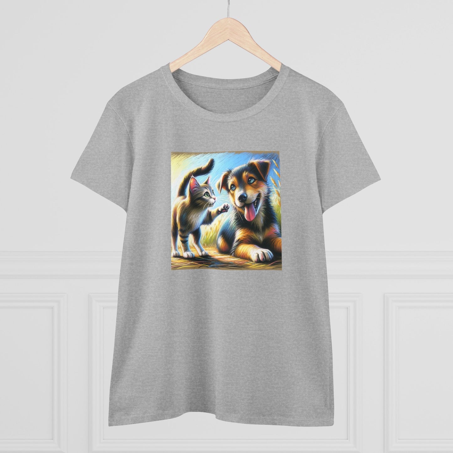 Cat playing with dog, oil pastel, Women's Midweight Cotton Tee