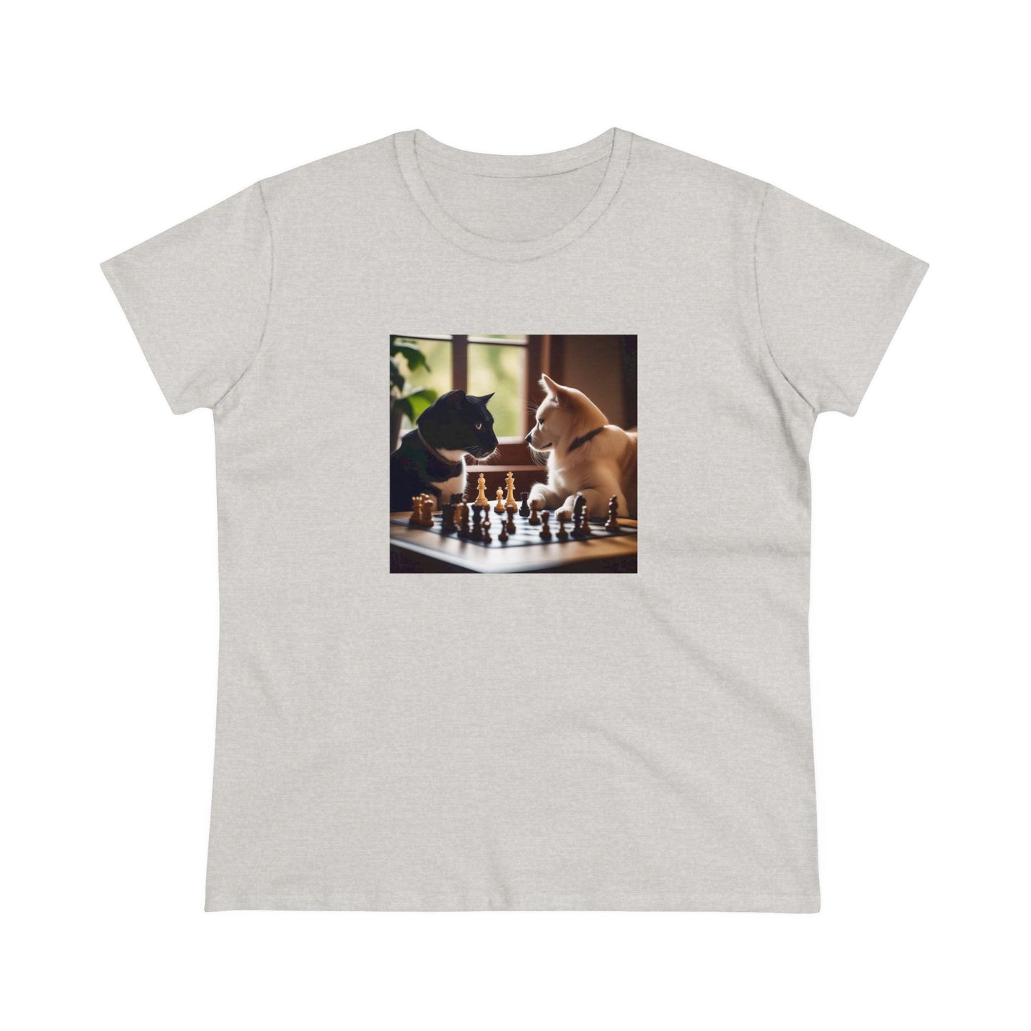 Cat and dog playing chess, Women's Midweight Cotton Tee