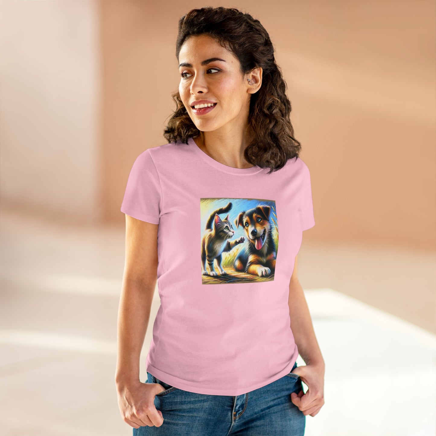 Cat playing with dog, oil pastel, Women's Midweight Cotton Tee