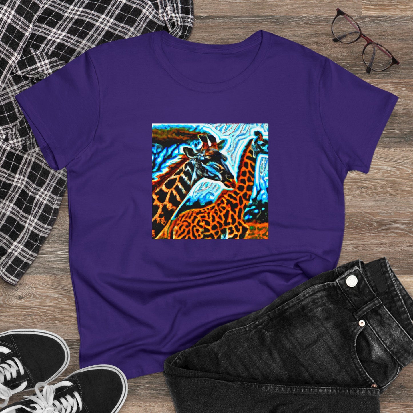 Giraffe, oil pastel, Women's Midweight Cotton Tee