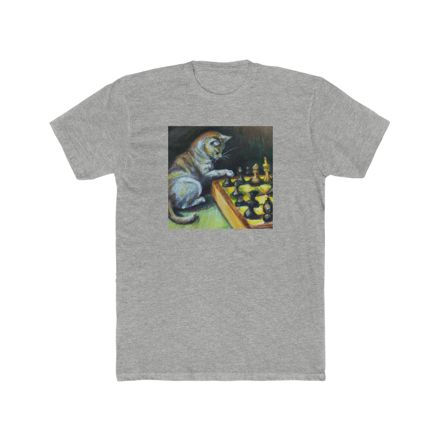 Cat playing chess, oil pastel, Men's Cotton Crew Tee