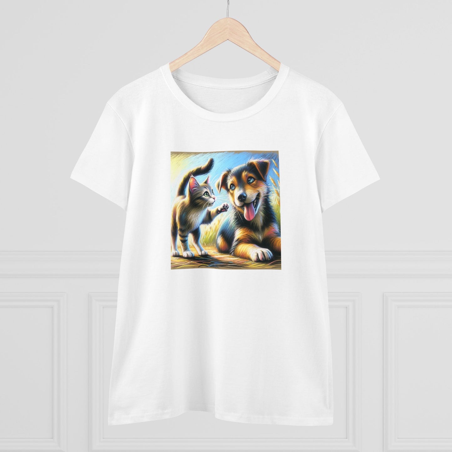 Cat playing with dog, oil pastel, Women's Midweight Cotton Tee