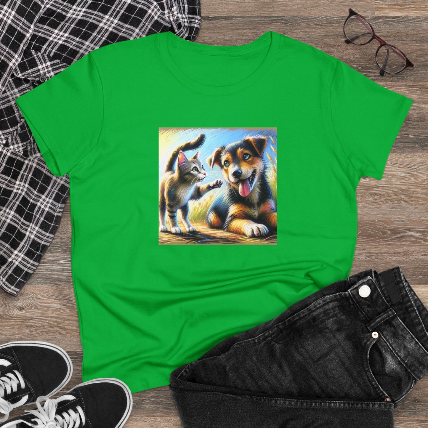 Cat playing with dog, oil pastel, Women's Midweight Cotton Tee