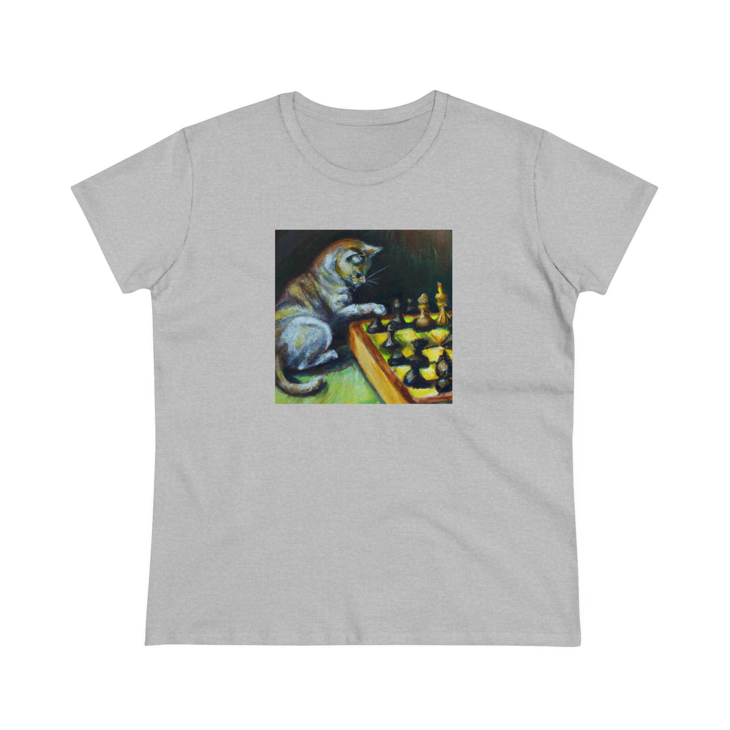 Cat playing chess, oil pastel, Women's Midweight Cotton Tee