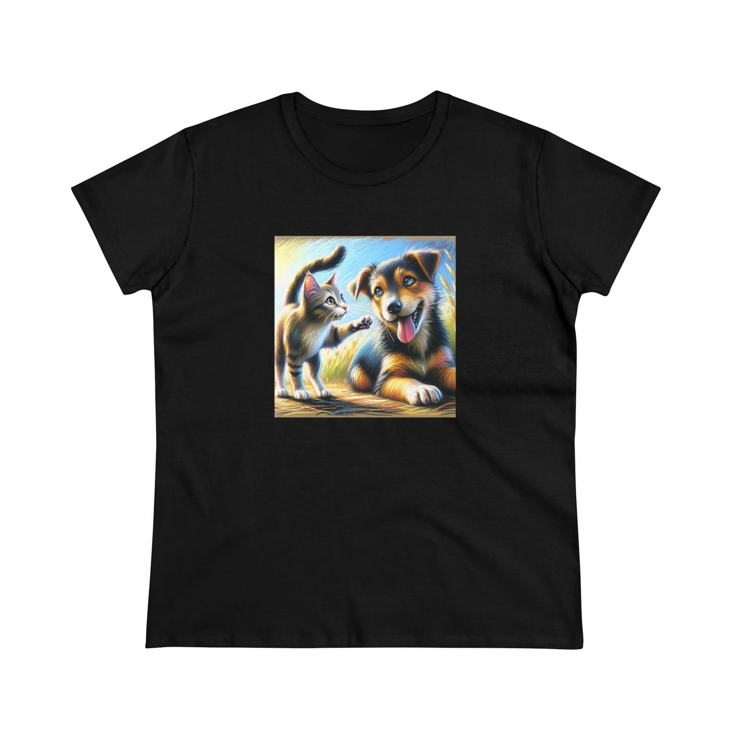 Cat playing with dog, oil pastel, Women's Midweight Cotton Tee