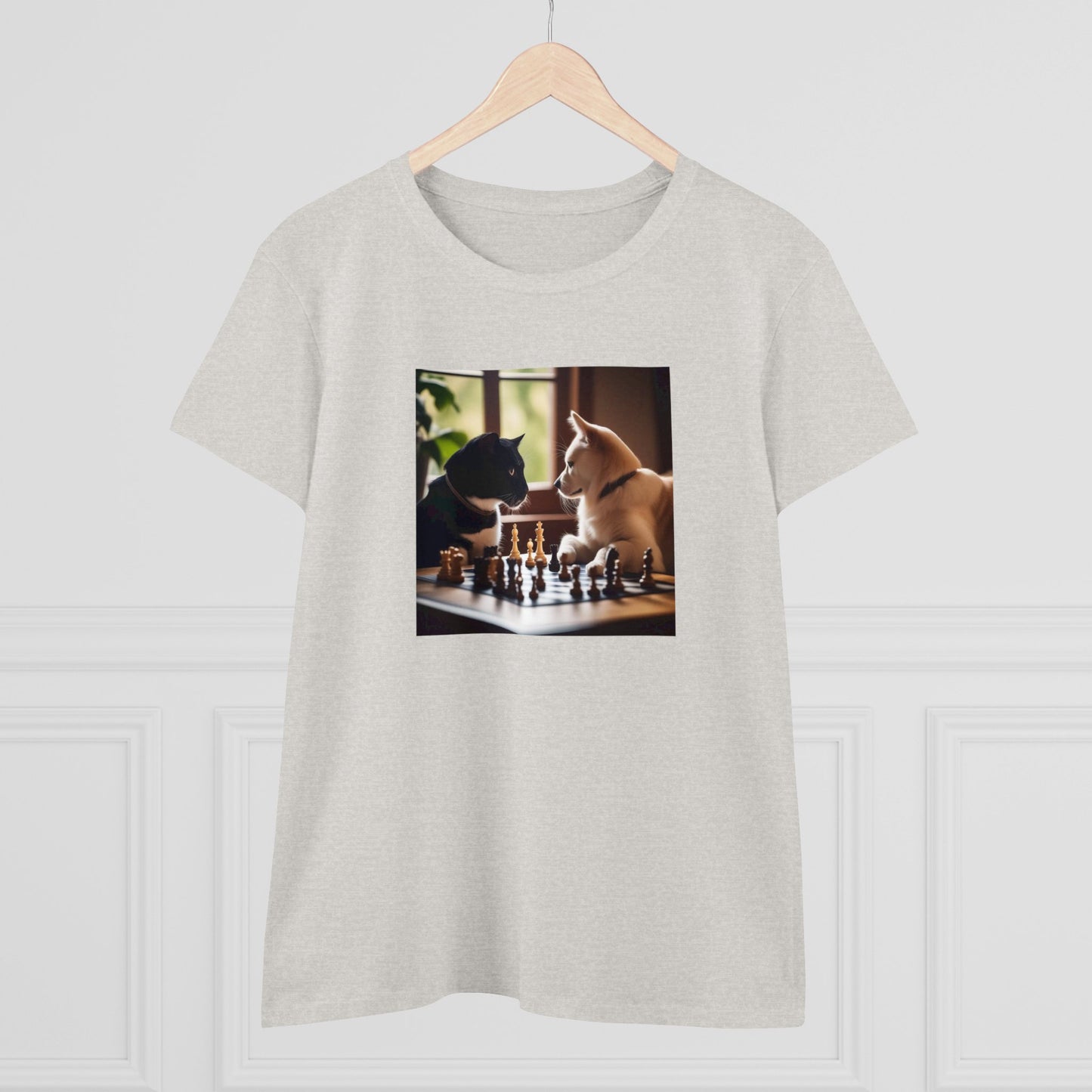 Cat and dog playing chess, Women's Midweight Cotton Tee