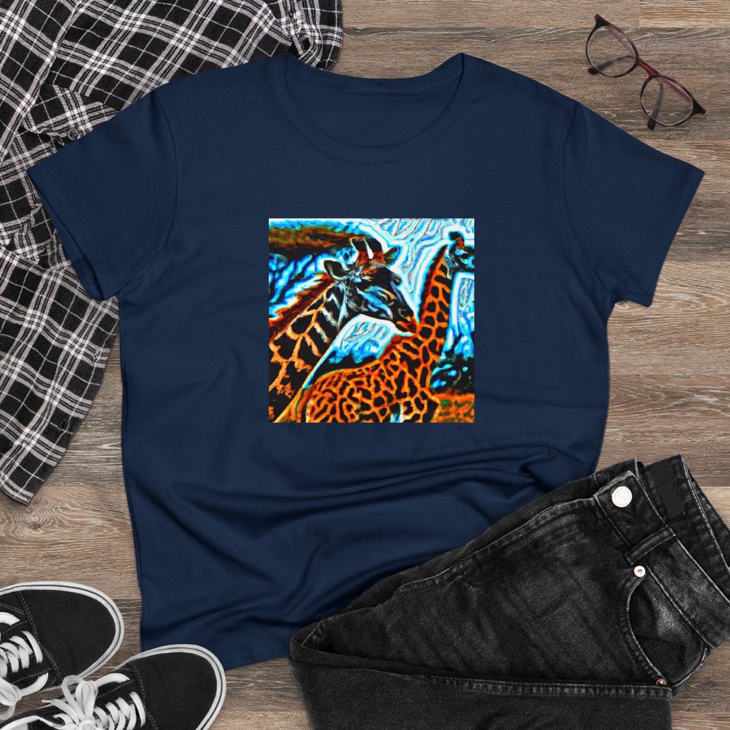 Giraffe, oil pastel, Women's Midweight Cotton Tee