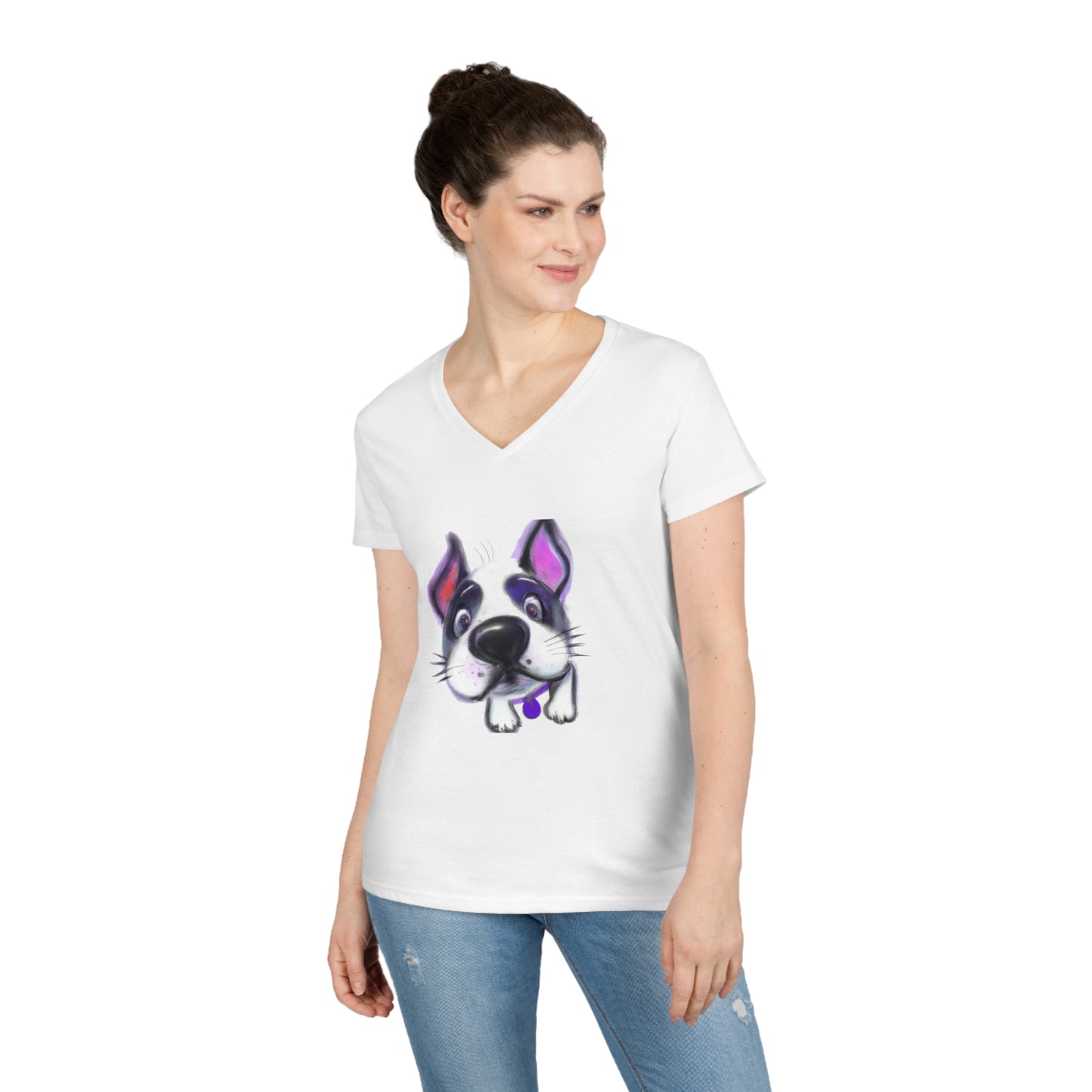 Happy dog, oil pastel, Ladies' V-Neck T-Shirt