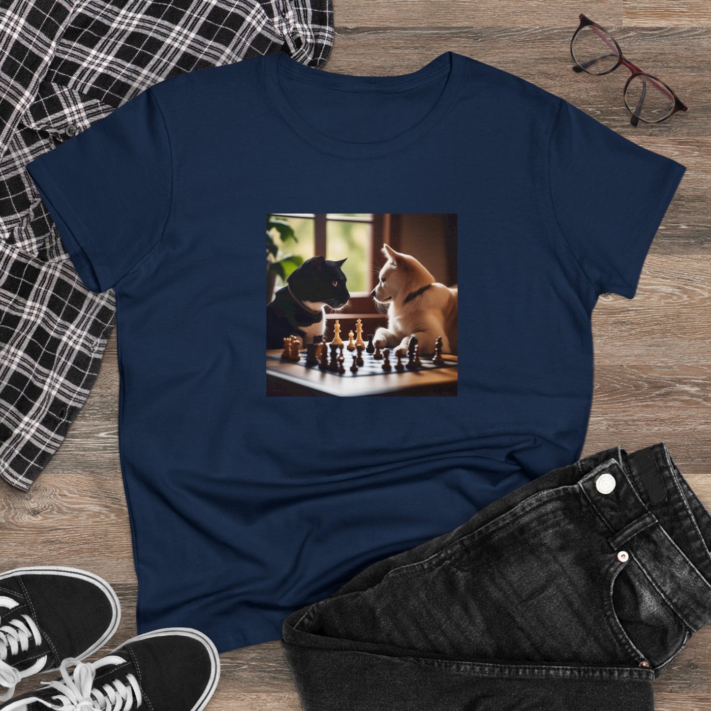 Cat and dog playing chess, Women's Midweight Cotton Tee