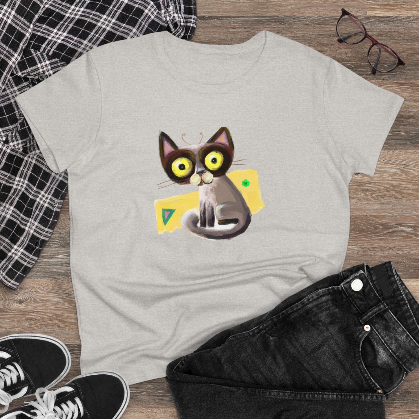 Funny cat, oil pastel, Women's Midweight Cotton Tee