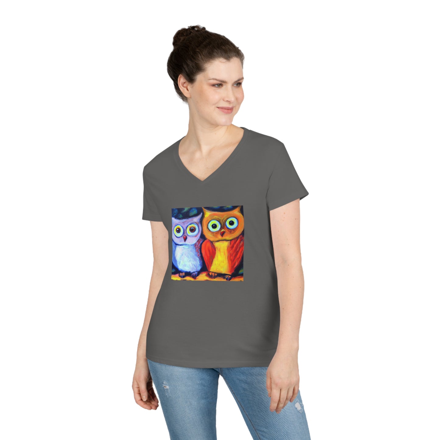 Owls, oil pastel, Ladies' V-Neck T-Shirt