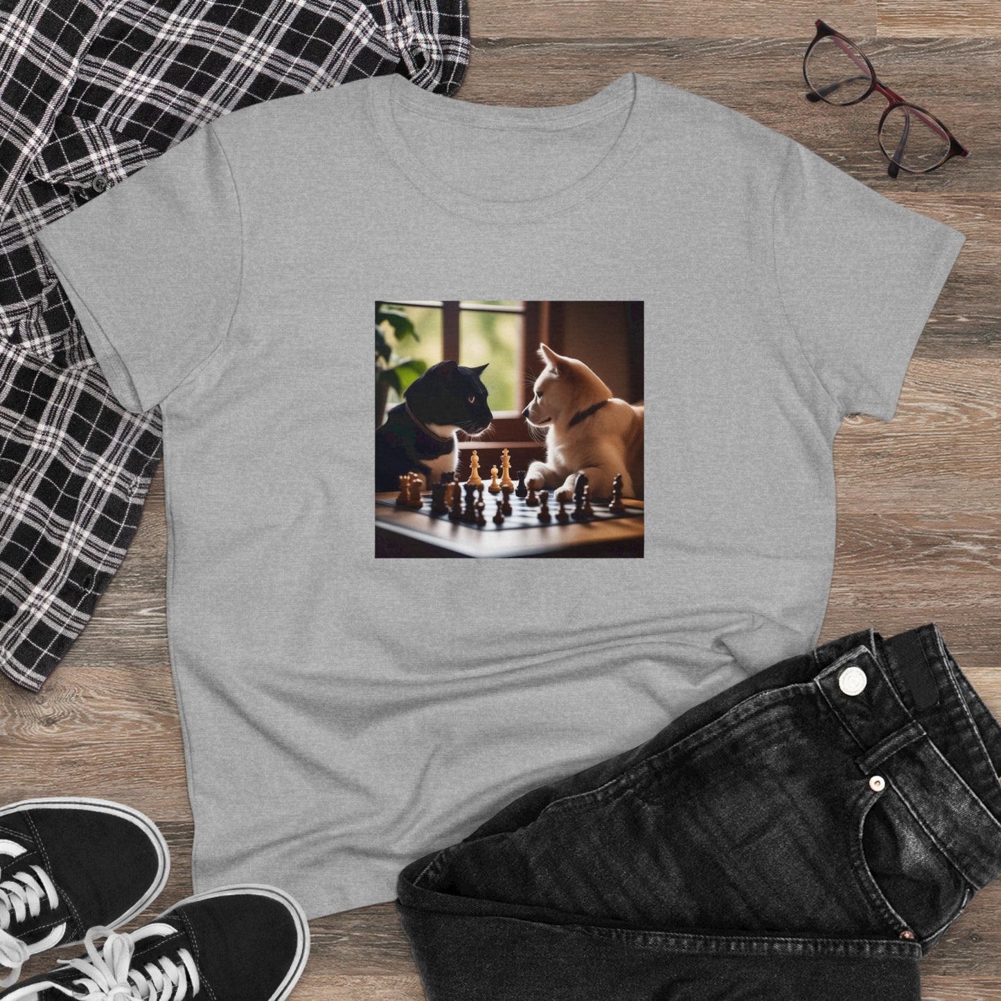 Cat and dog playing chess, Women's Midweight Cotton Tee