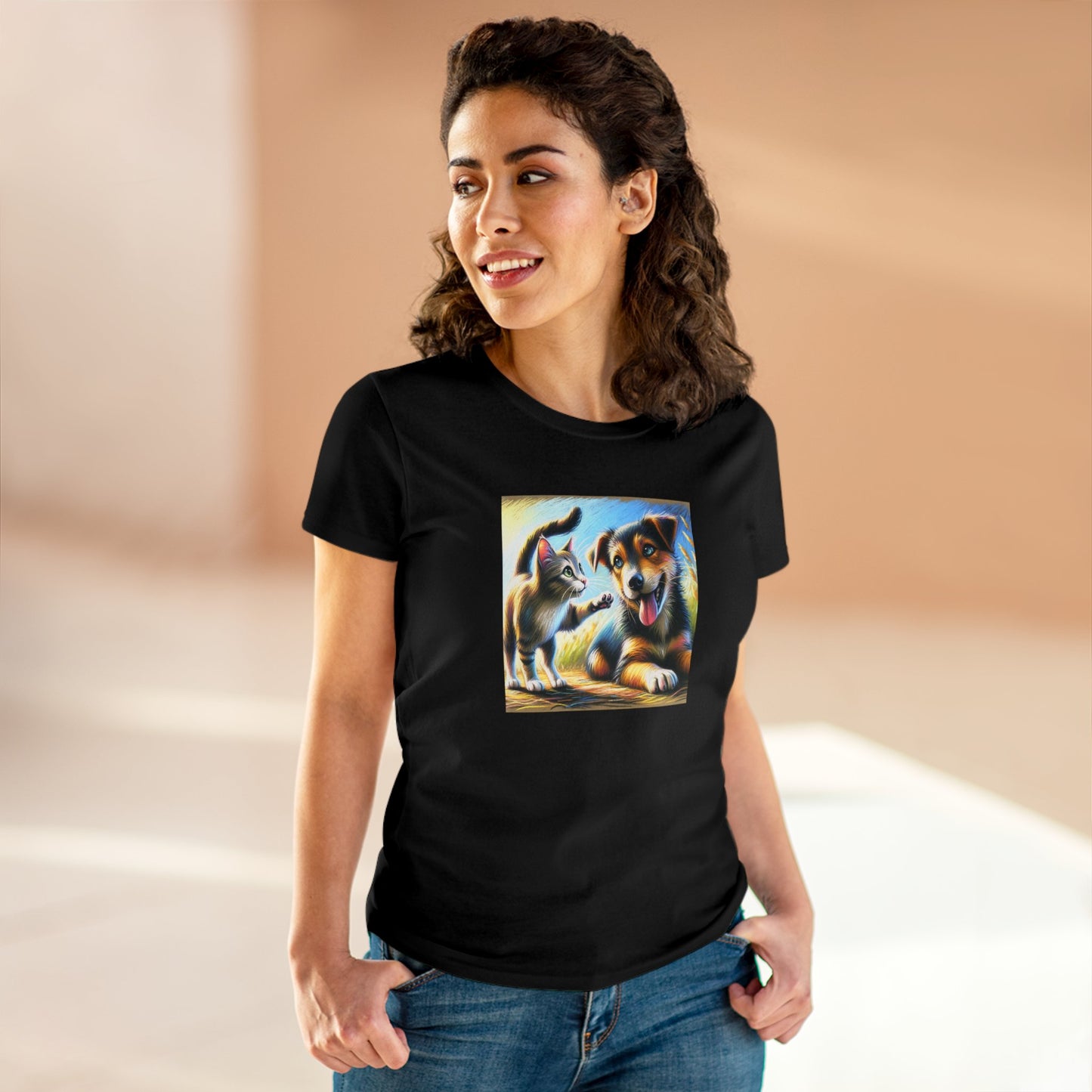 Cat playing with dog, oil pastel, Women's Midweight Cotton Tee