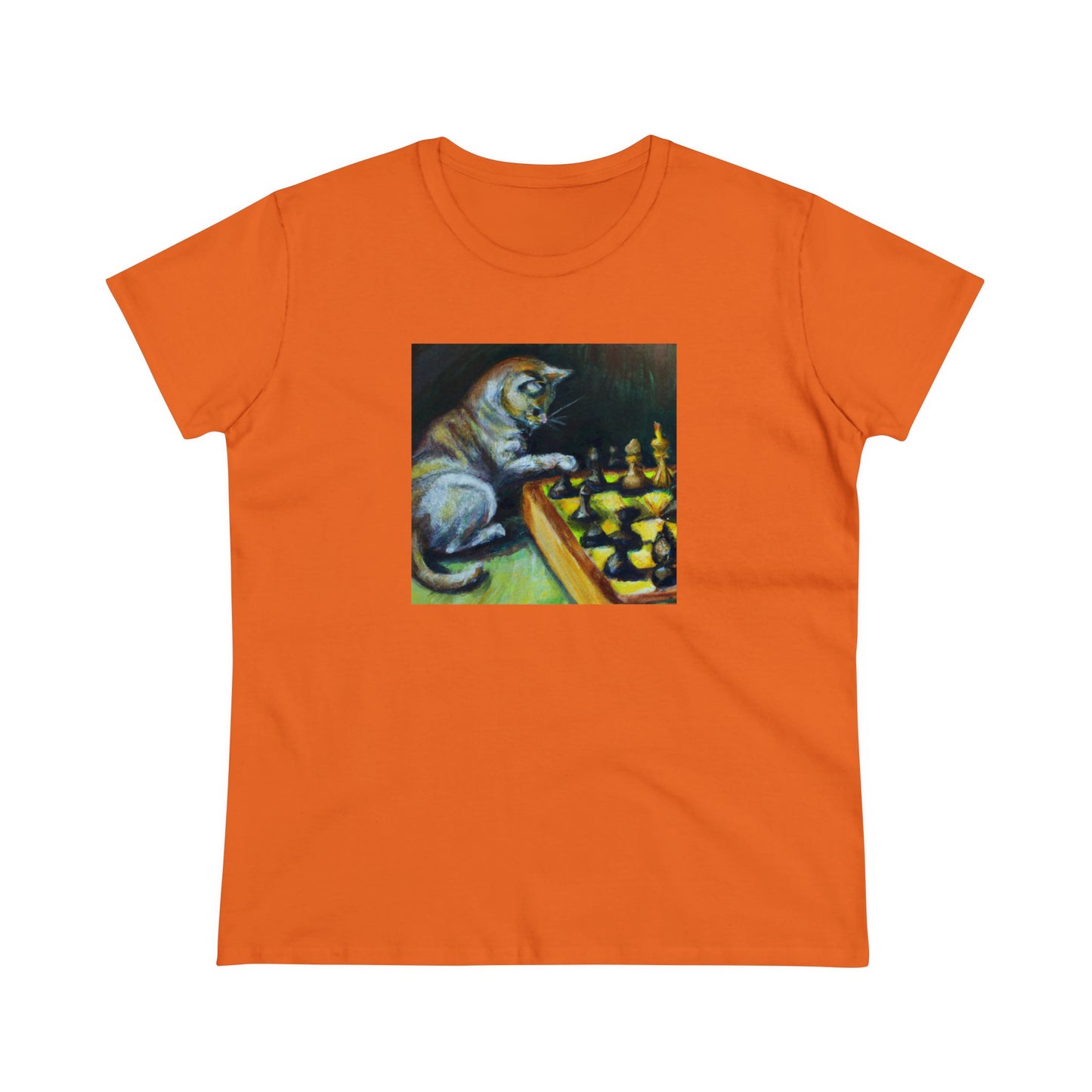 Cat playing chess, oil pastel, Women's Midweight Cotton Tee