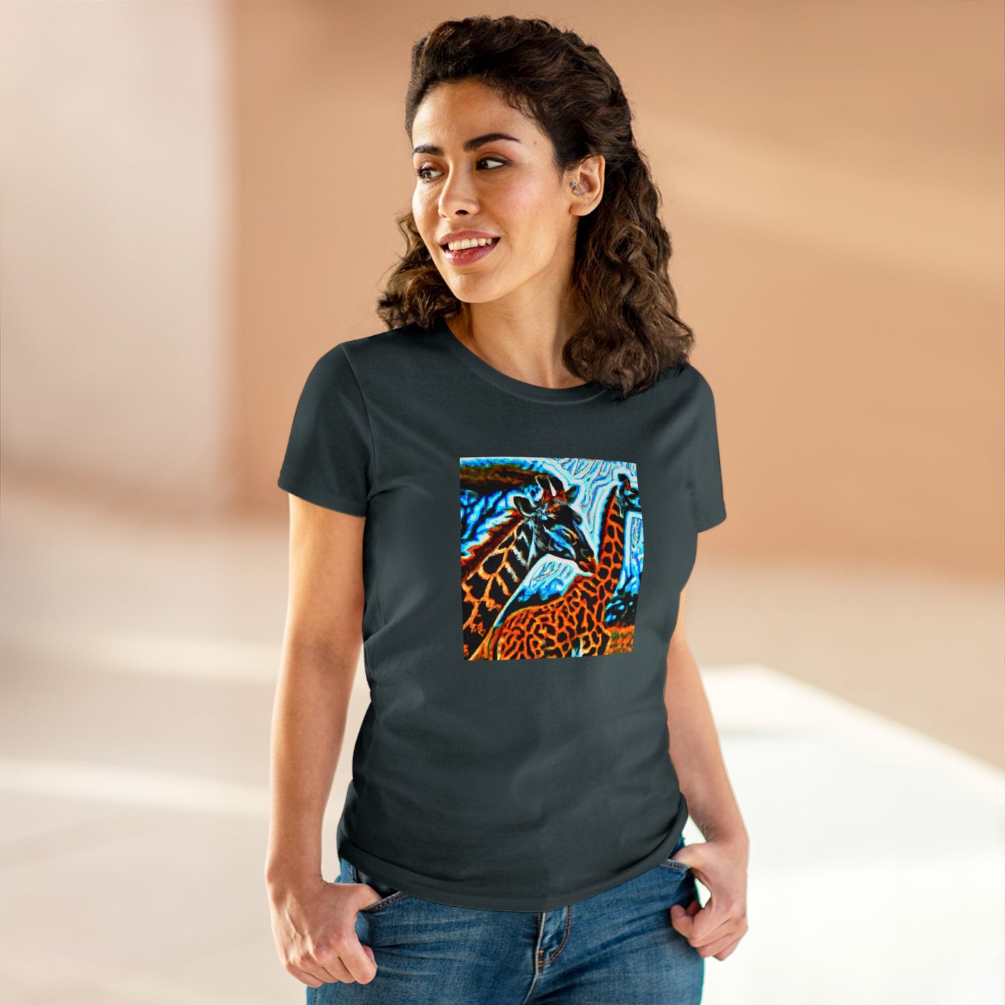 Giraffe, oil pastel, Women's Midweight Cotton Tee