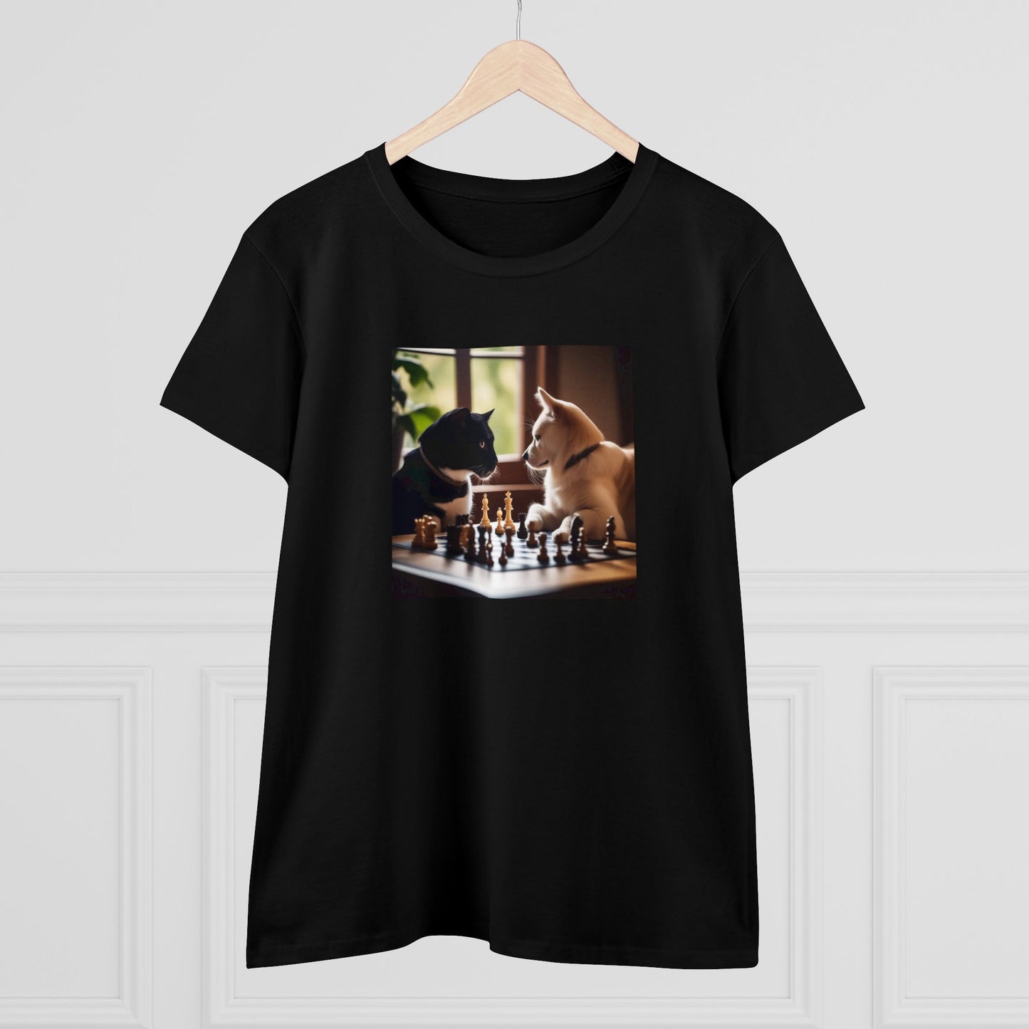 Cat and dog playing chess, Women's Midweight Cotton Tee