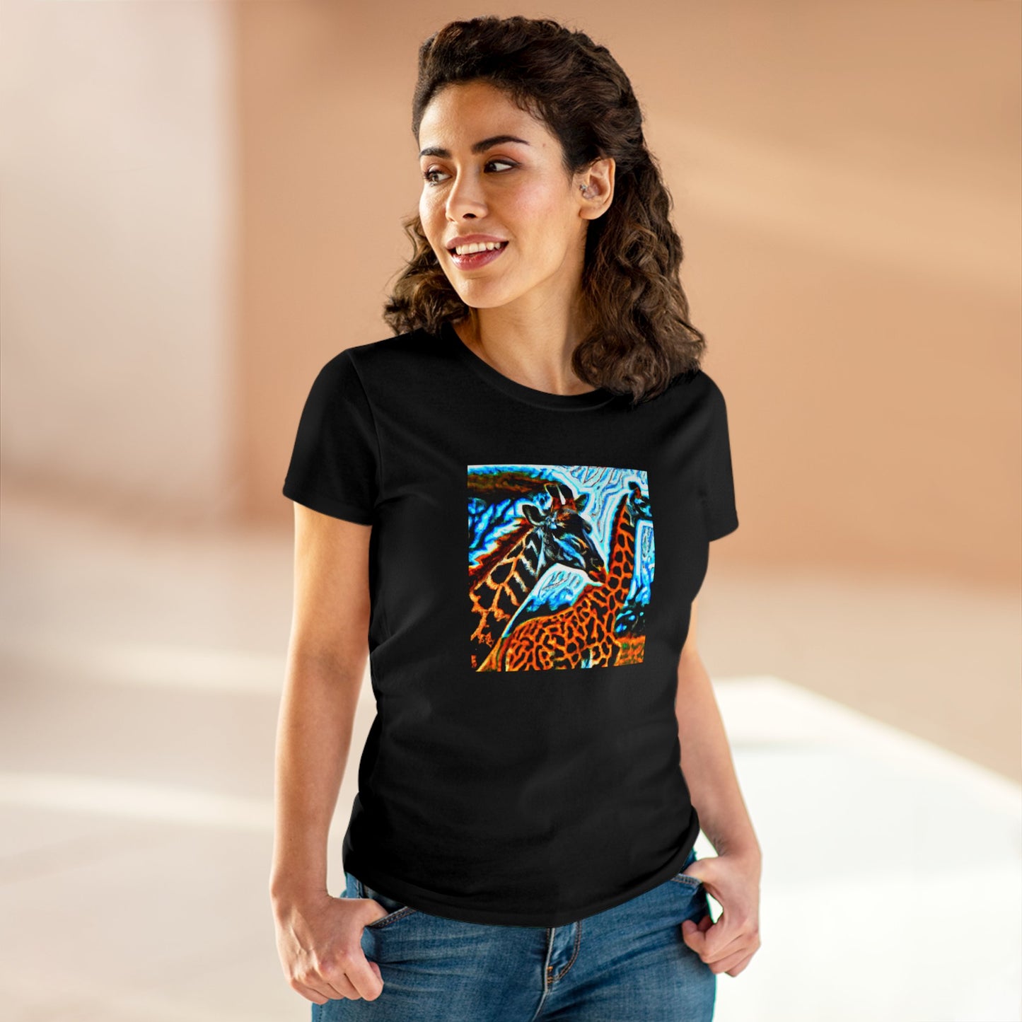 Giraffe, oil pastel, Women's Midweight Cotton Tee