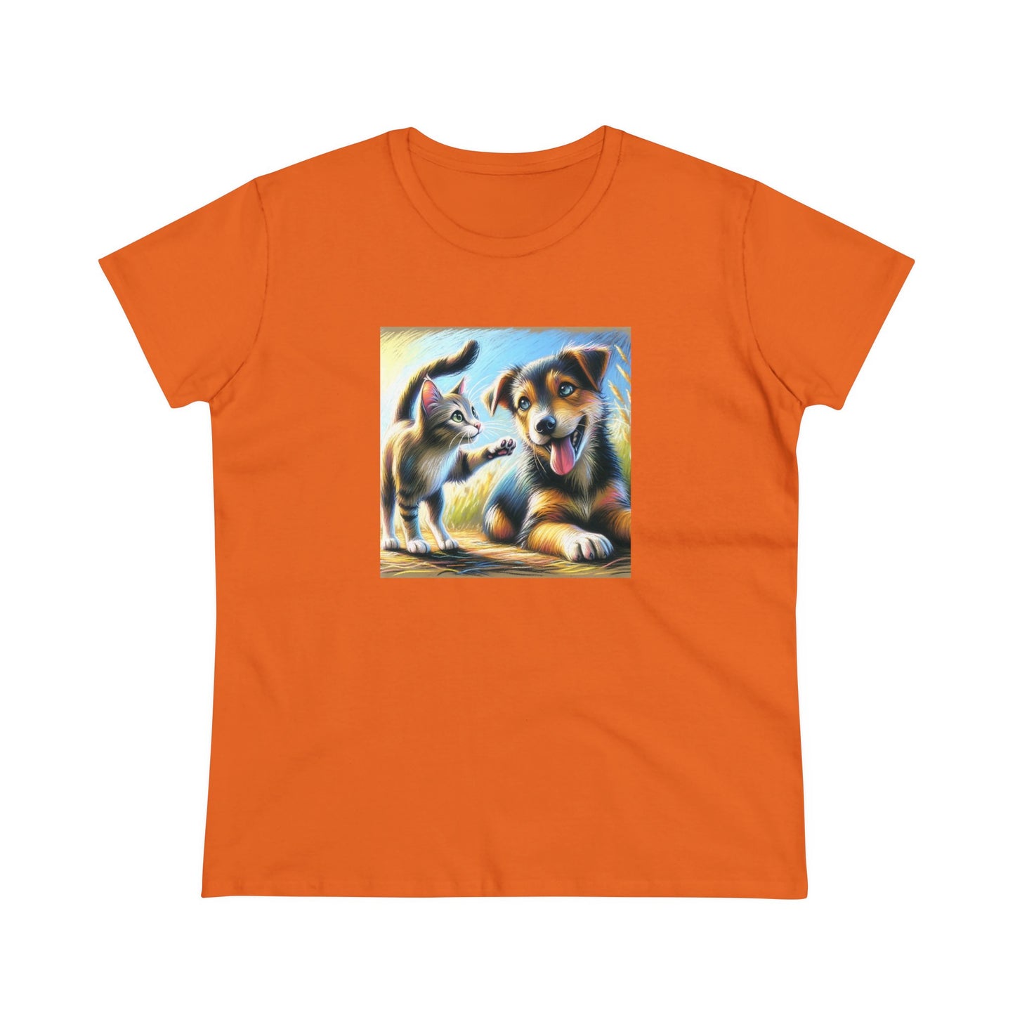 Cat playing with dog, oil pastel, Women's Midweight Cotton Tee