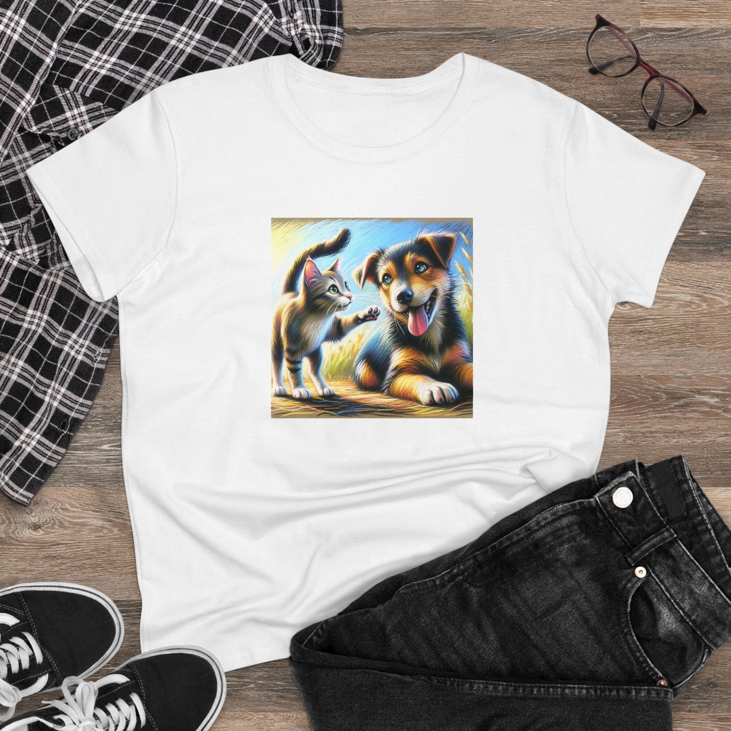 Cat playing with dog, oil pastel, Women's Midweight Cotton Tee