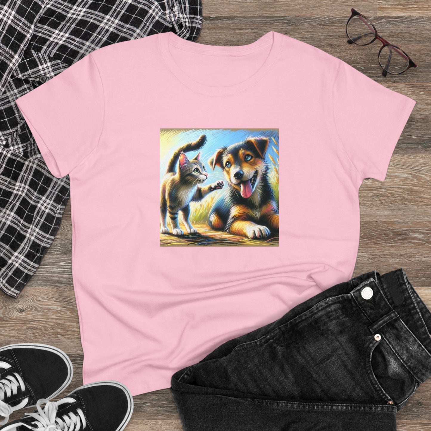 Cat playing with dog, oil pastel, Women's Midweight Cotton Tee